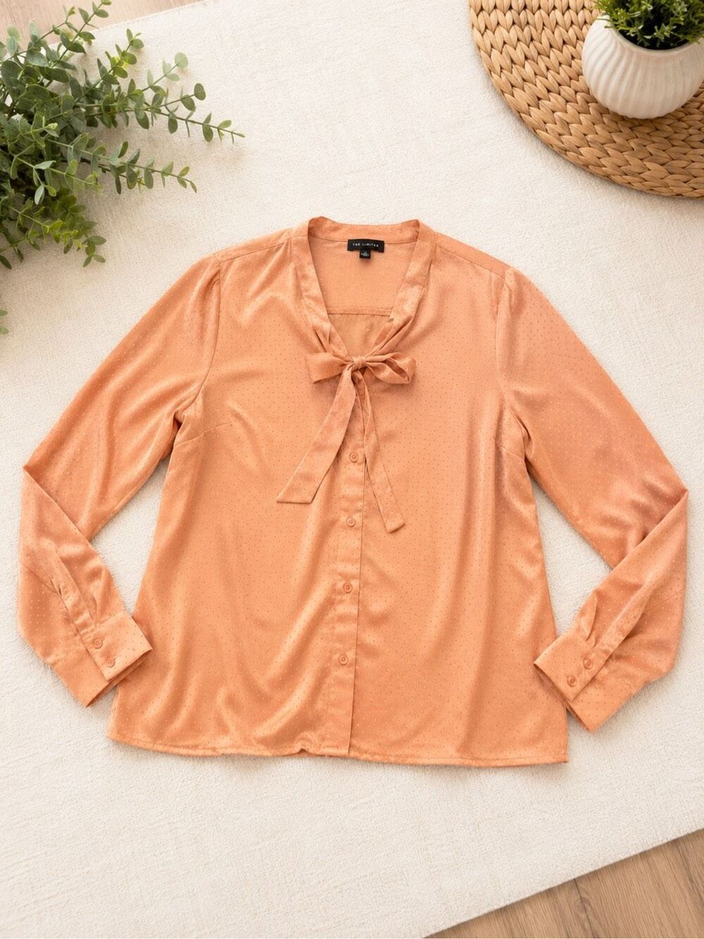 The Limited Peach Satin Tie Neck Blouse Size Large Long Sleeve Polka Dot